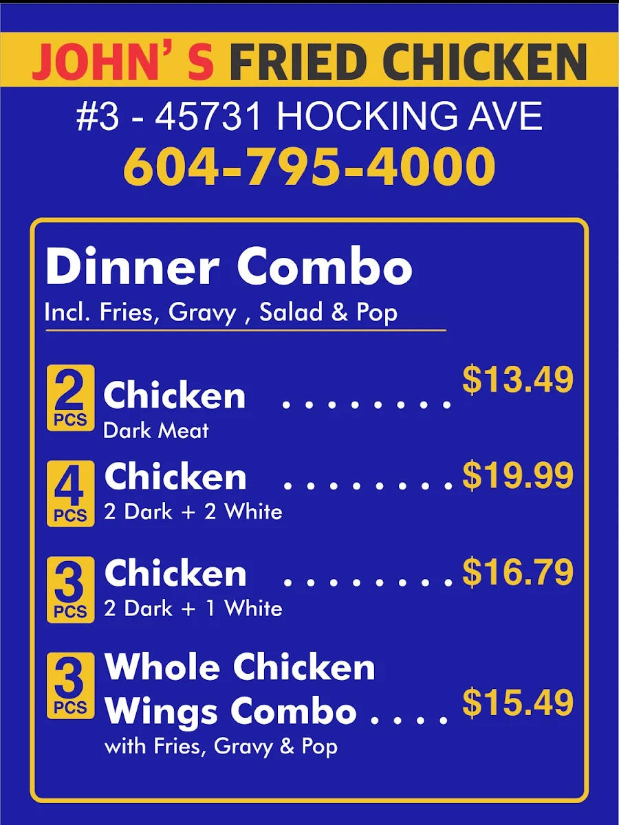 Menu, John's Fried Chicken Chilliwack