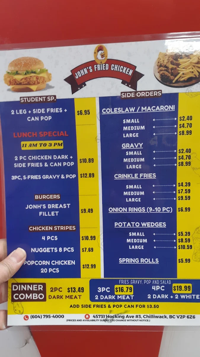 Menu, John's Fried Chicken Chilliwack