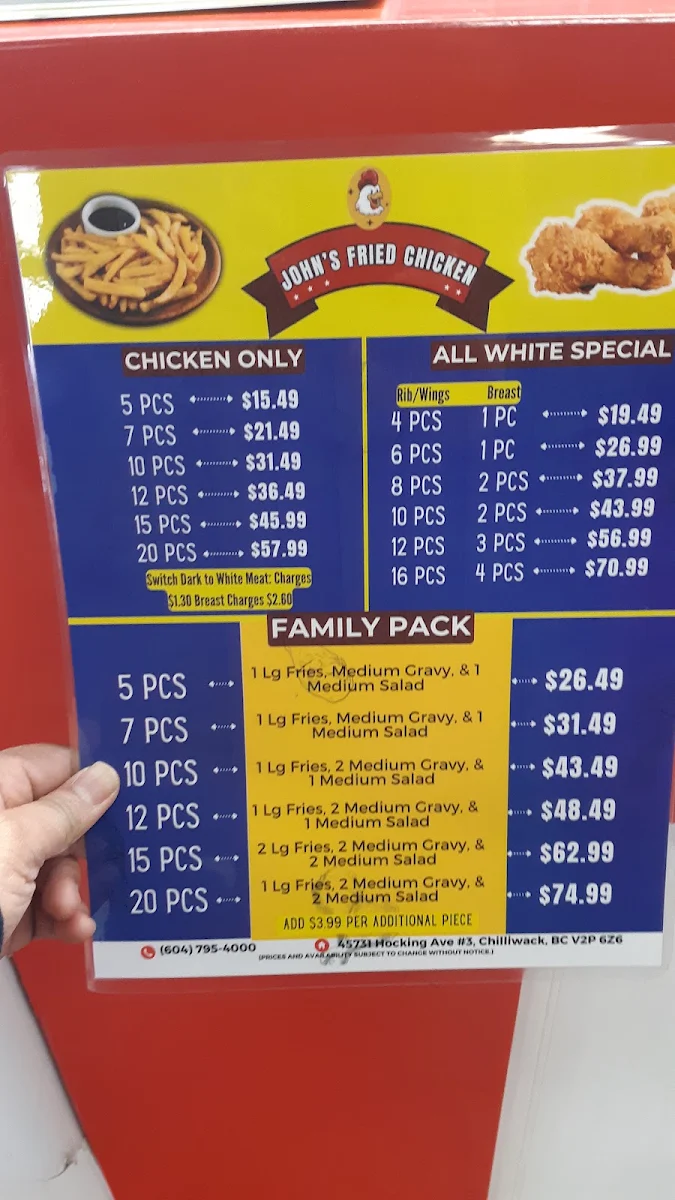 Menu, John's Fried Chicken Chilliwack