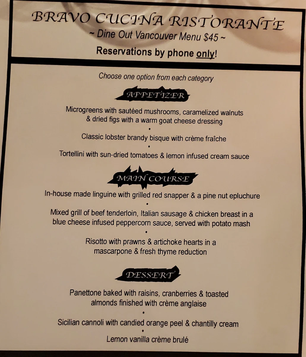 Menu, Bravo Cucina Ristorante