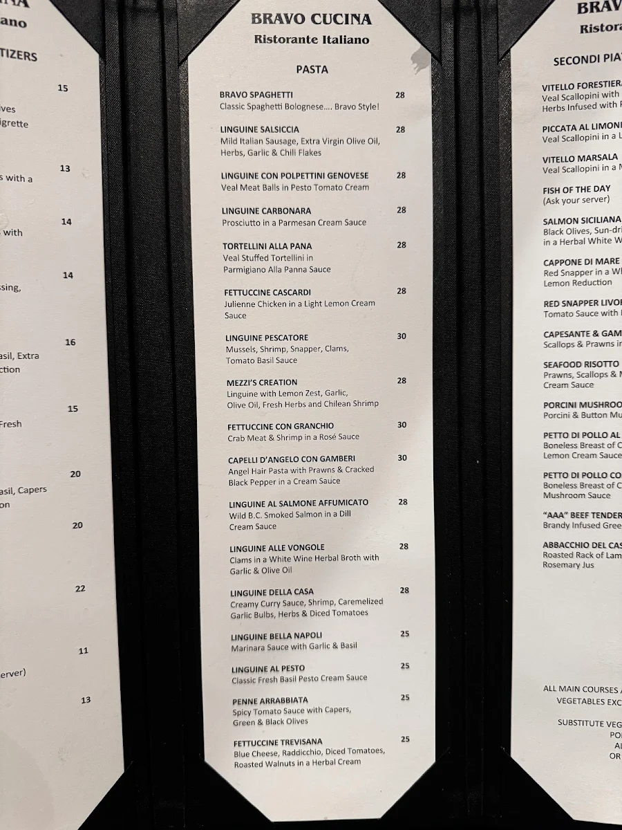 Menu, Bravo Cucina Ristorante