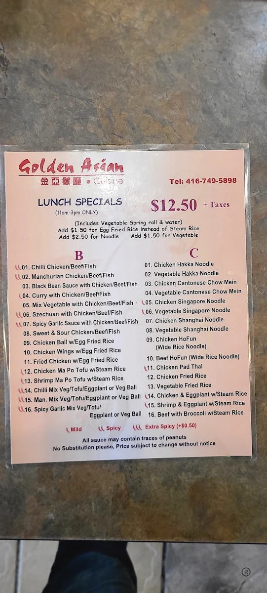 Menu, Golden Asian Cuisine