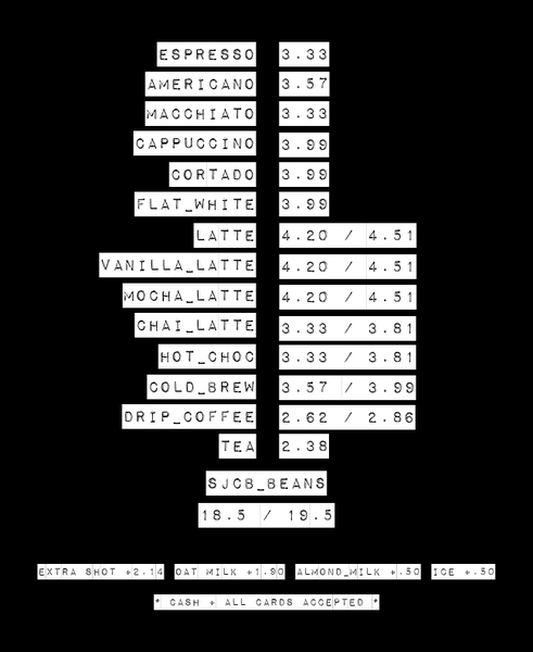 Menu, Sam James Coffee Bar OZ