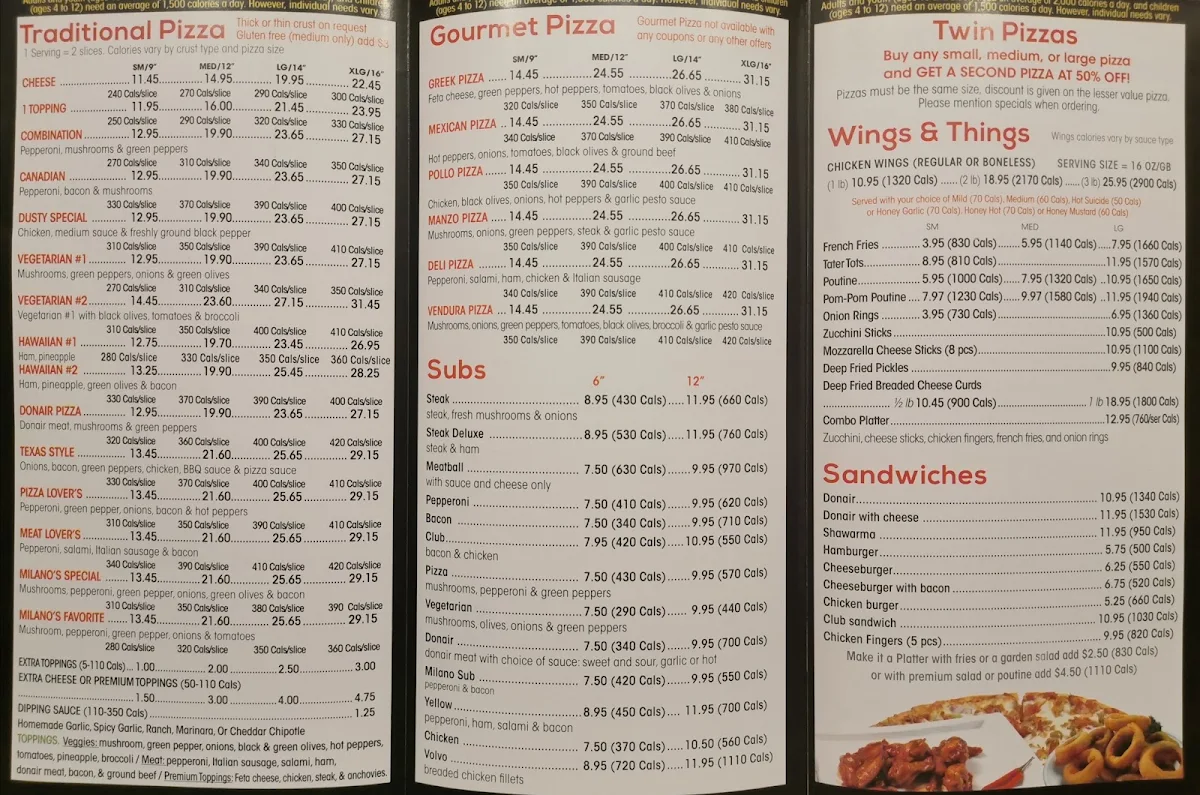 Menu, Milano Pizza