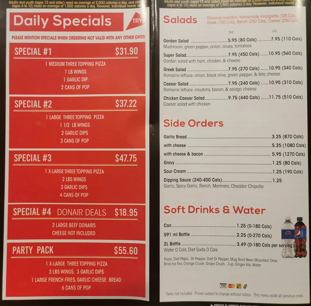 Menu, Milano Pizza