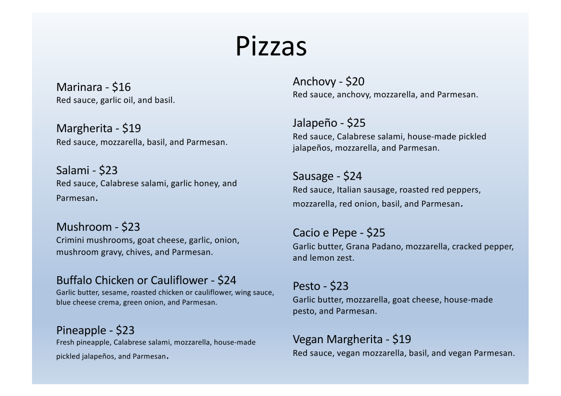 Menu, Pizza Monster