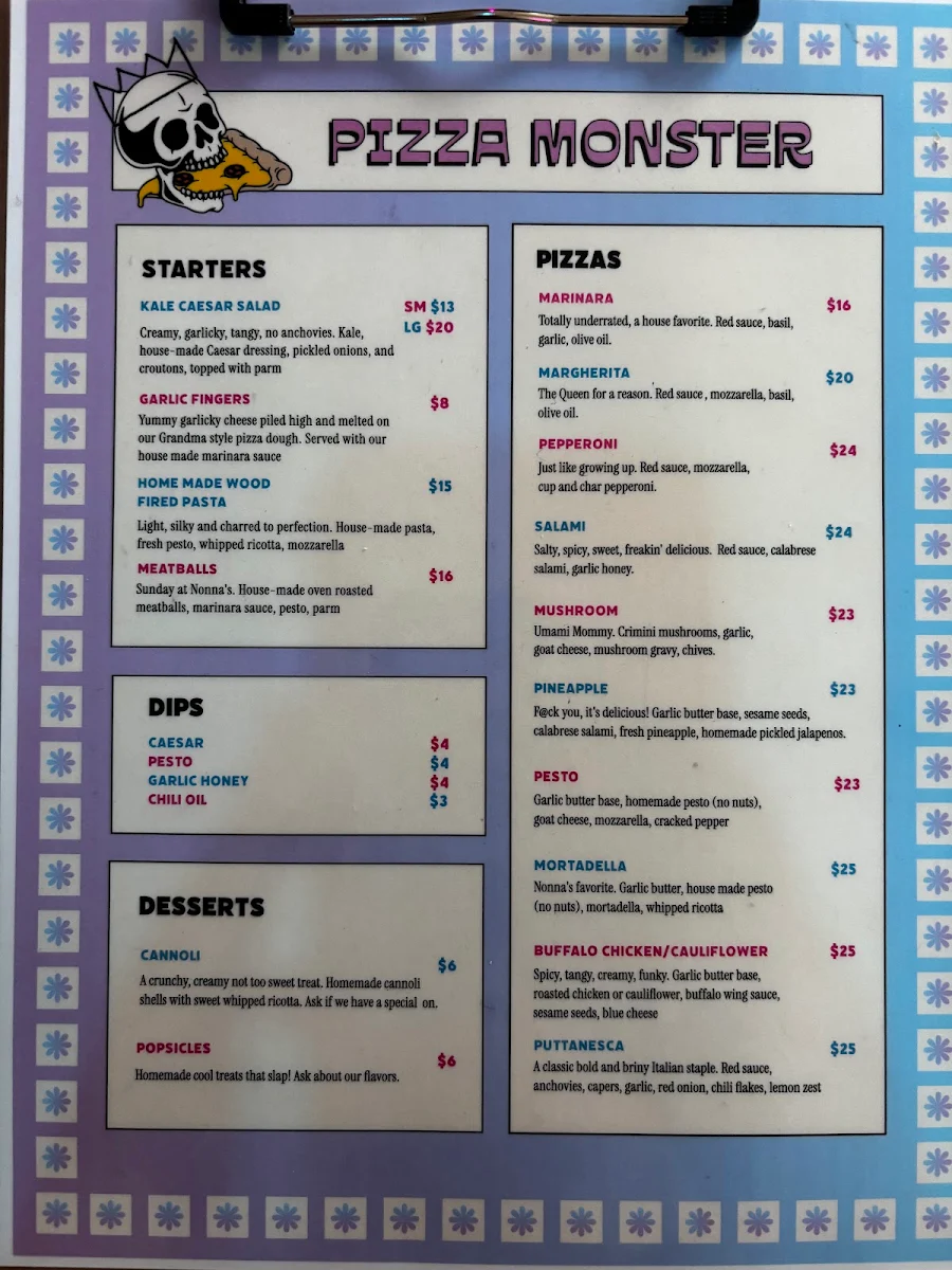 Menu, Pizza Monster