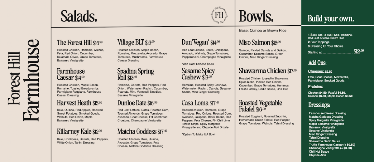 Menu, Forest Hill Farmhouse