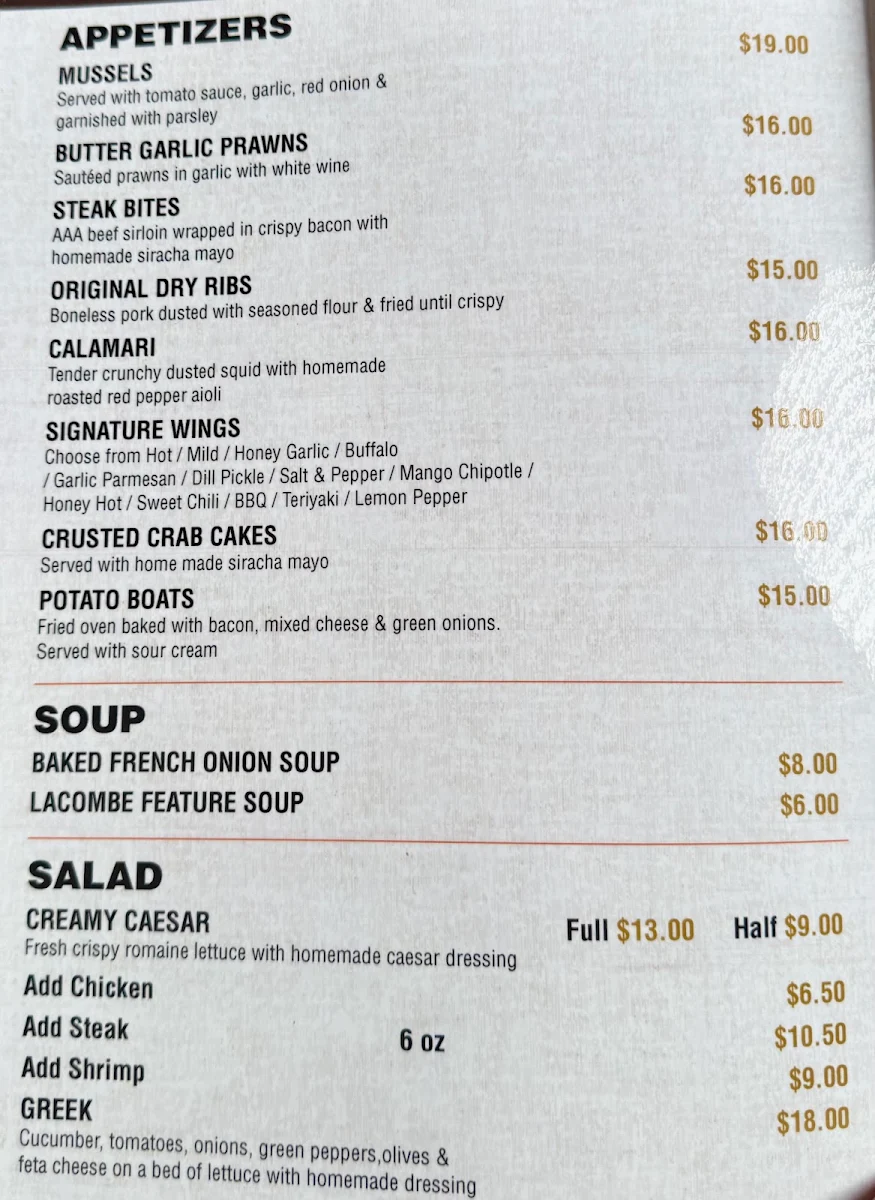 Menu, Lacombe Bar and Steakhouse