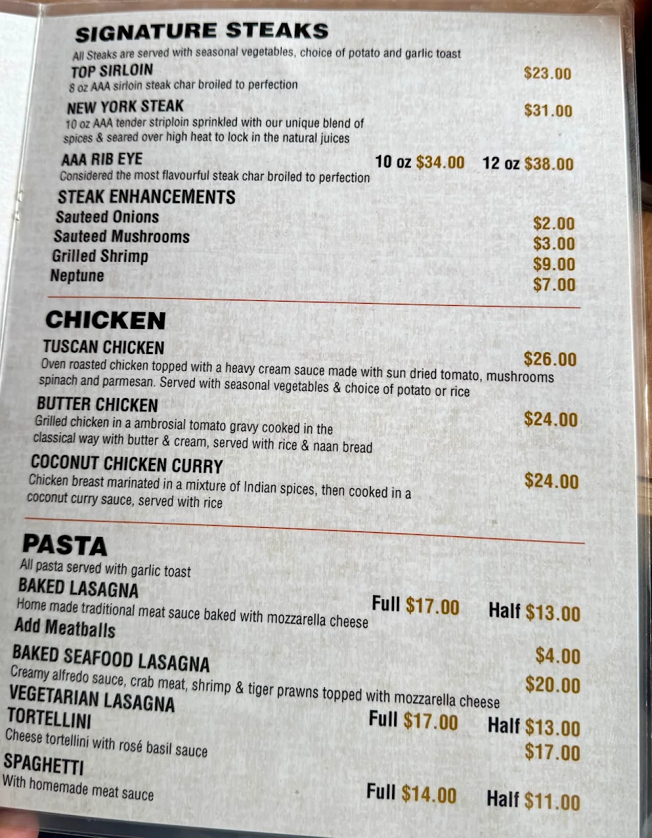 Menu, Lacombe Bar and Steakhouse