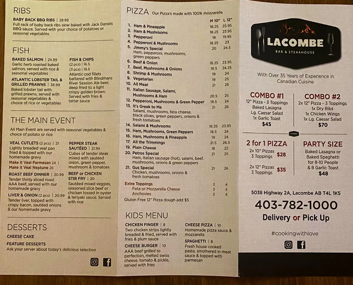 Menu, Lacombe Bar and Steakhouse