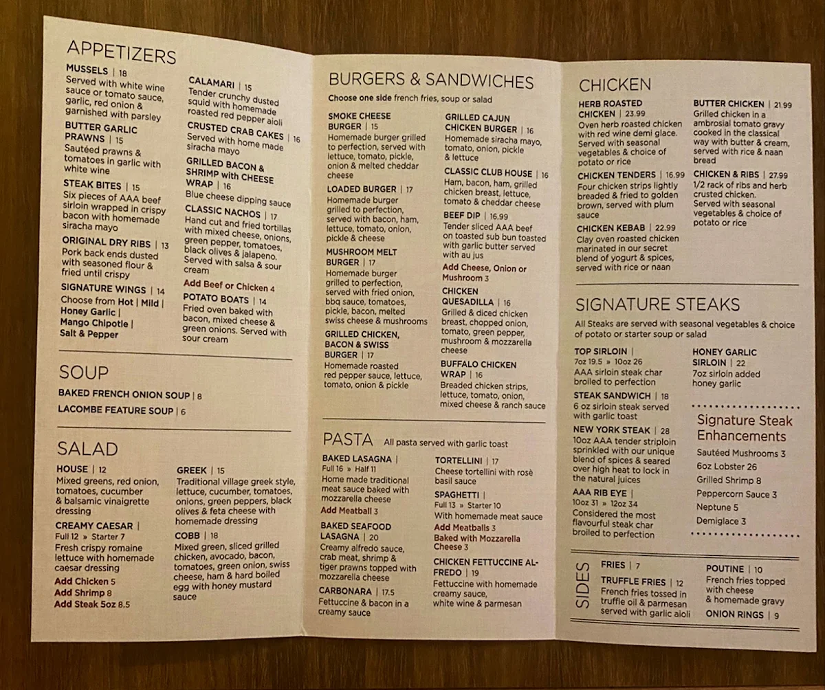 Menu, Lacombe Bar and Steakhouse