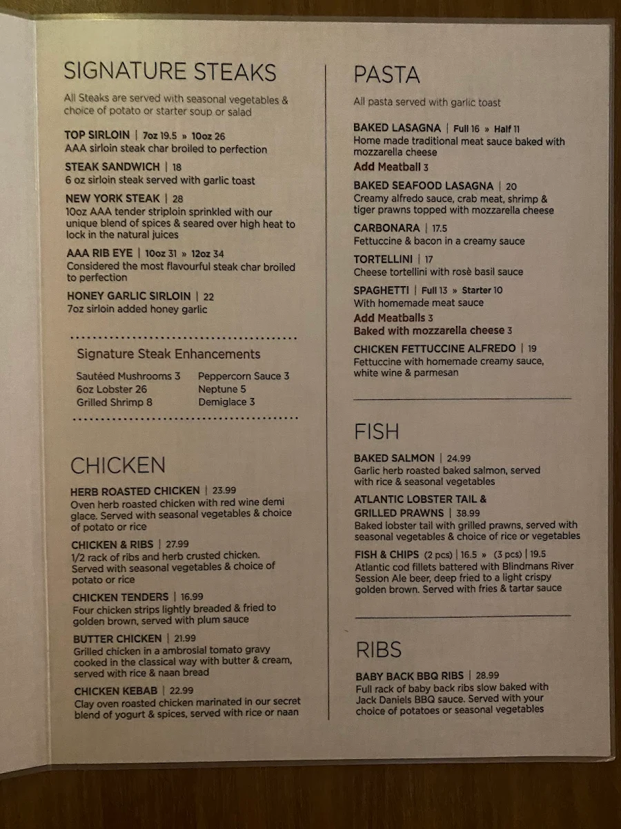 Menu, Lacombe Bar and Steakhouse