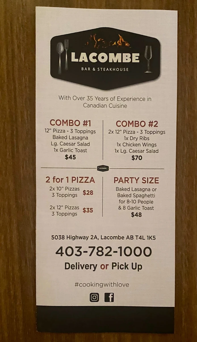 Menu, Lacombe Bar and Steakhouse