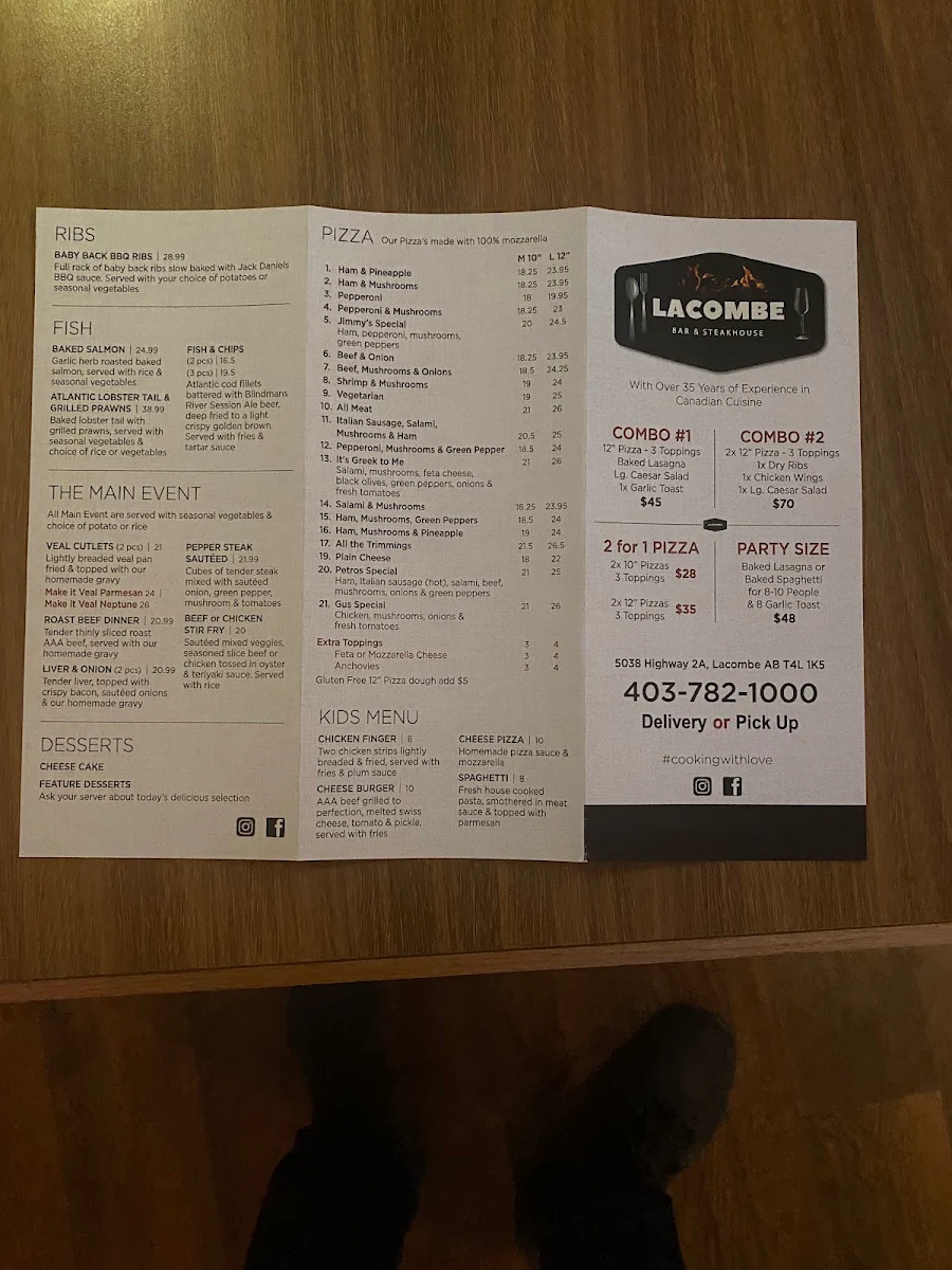 Menu, Lacombe Bar and Steakhouse