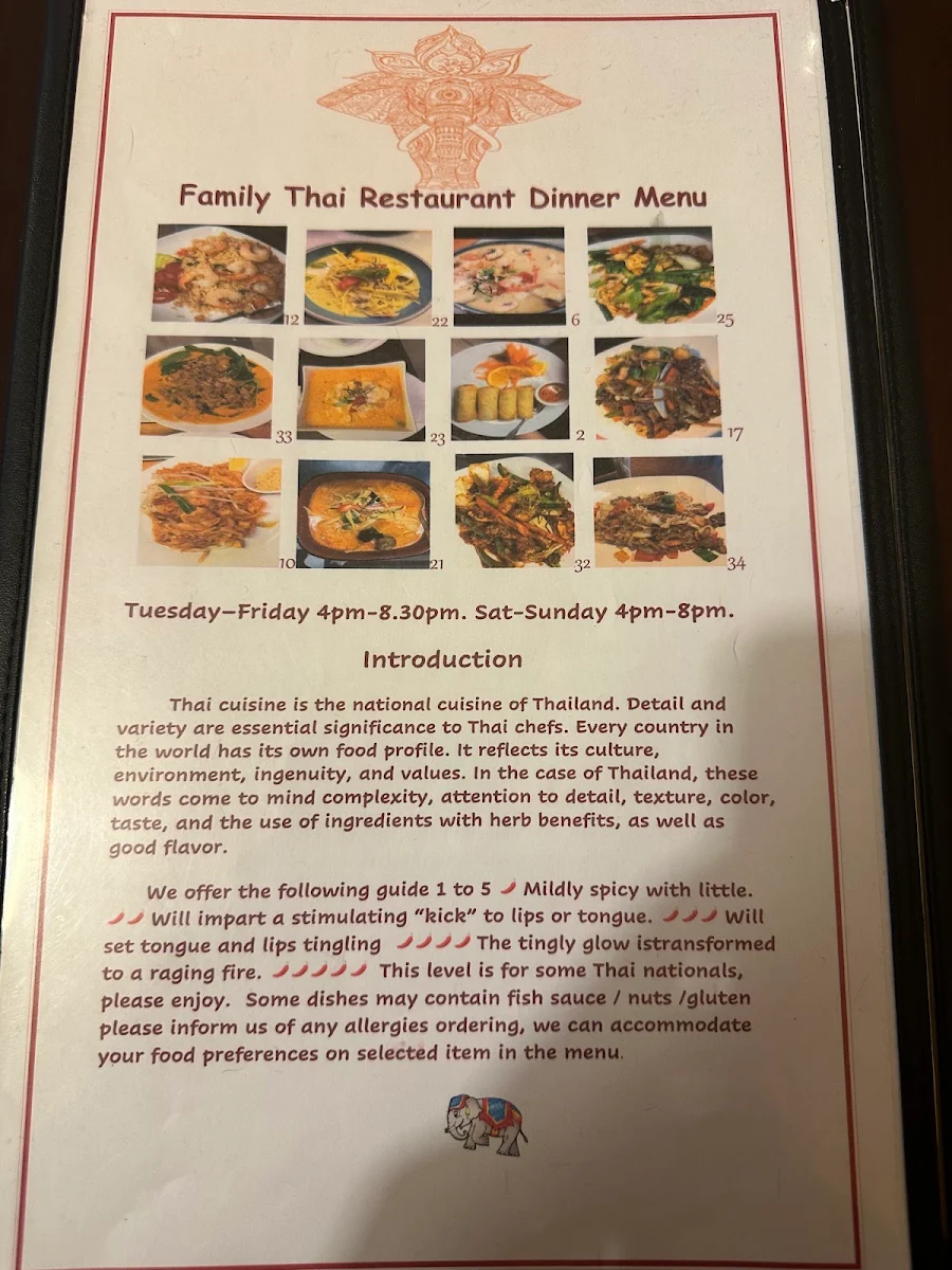Menu, Family Thai Restaurant
