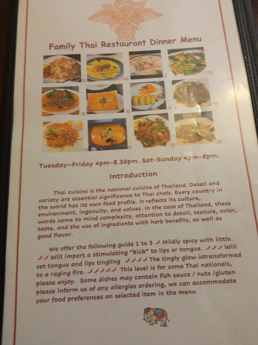 Menu, Family Thai Restaurant