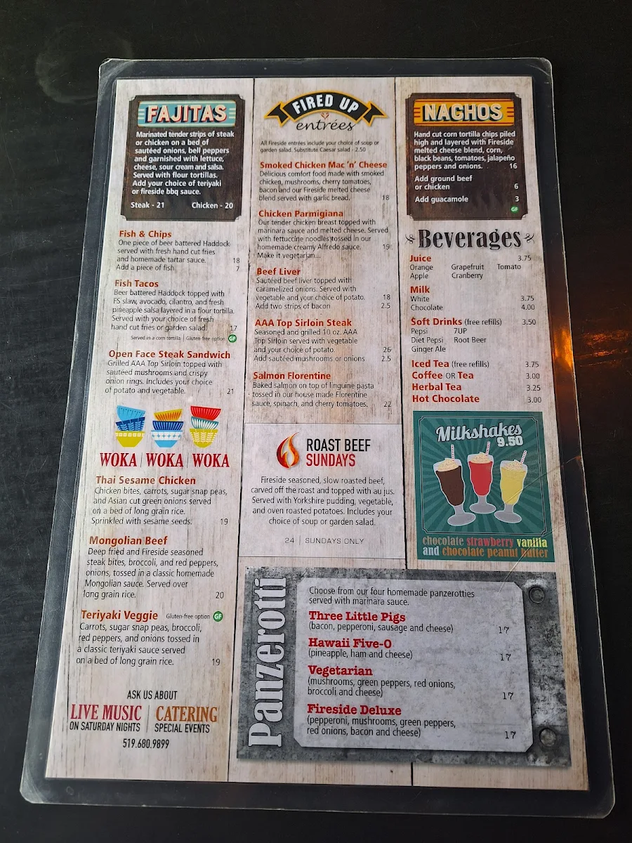 Menu, Fireside Grill and Bar