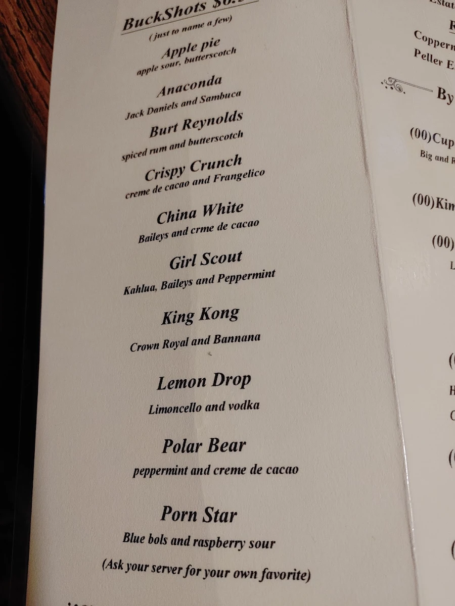 Menu, Bucksnort's Bar & Grill