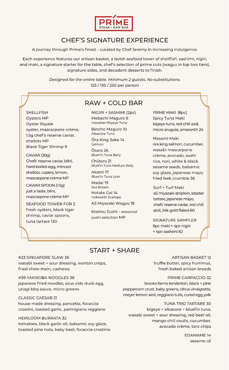 Menu, Prime Steak + Raw Bar