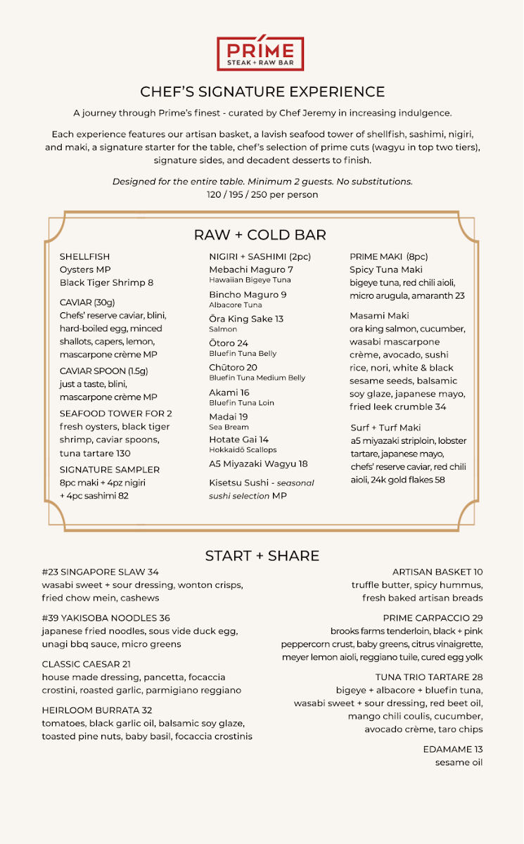 Menu, Prime Steak + Raw Bar