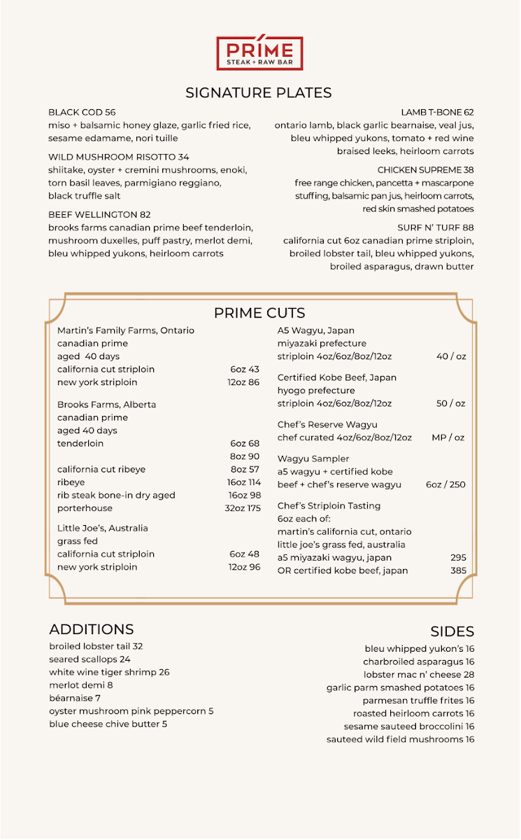 Menu, Prime Steak + Raw Bar