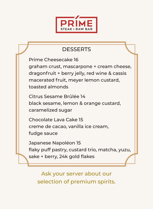 Menu, Prime Steak + Raw Bar