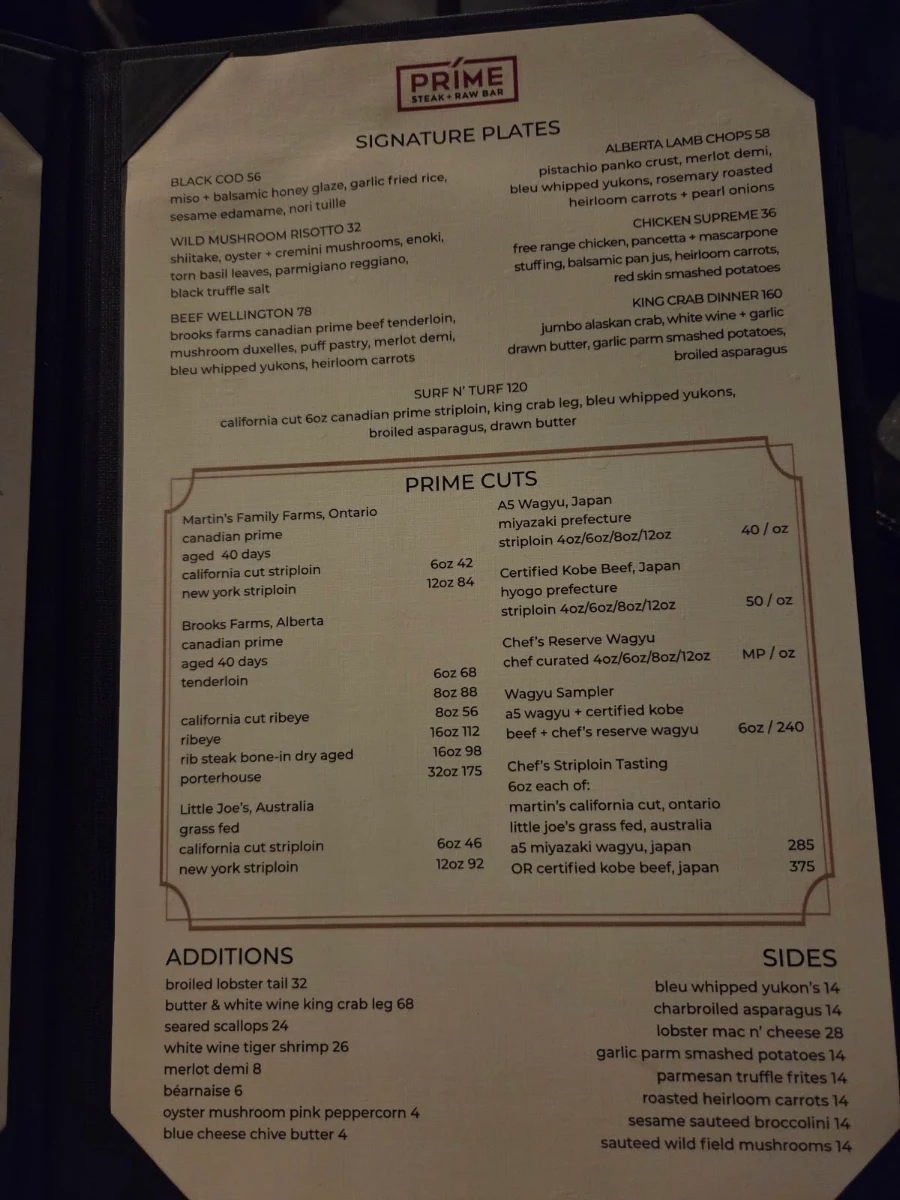 Menu, Prime Steak + Raw Bar