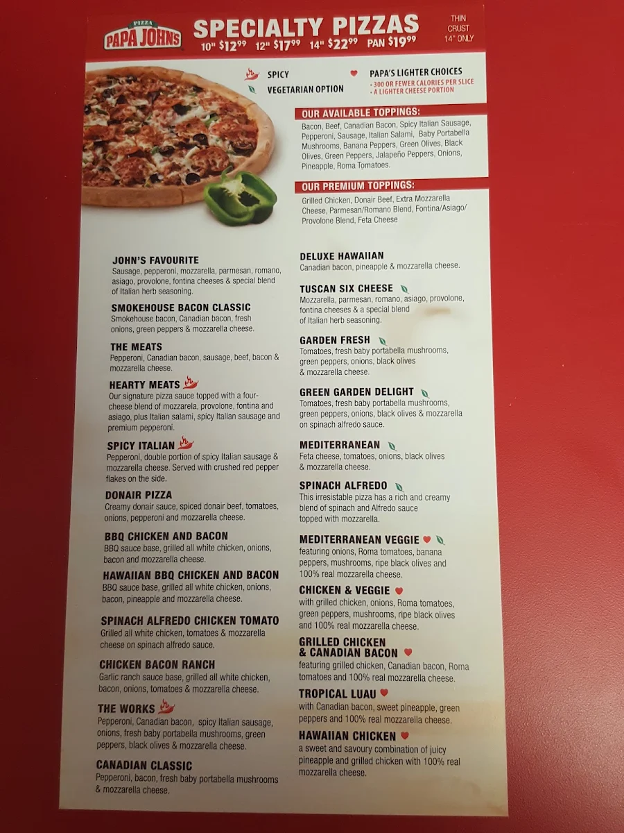 Menu, Papa Johns Pizza