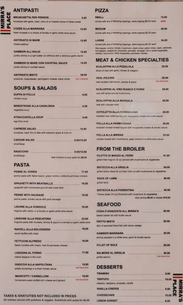 Menu, Mirra's Place