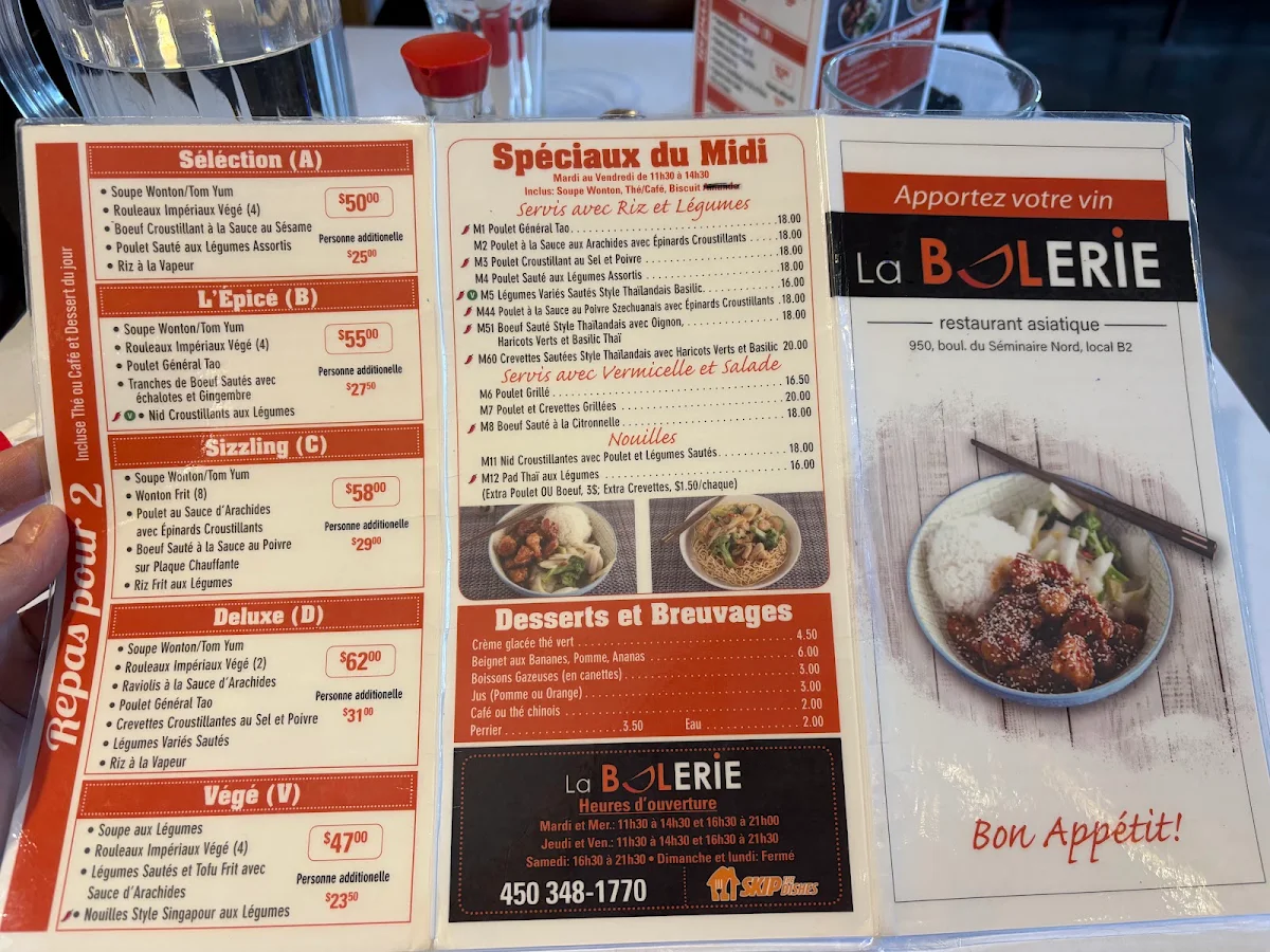 Menu, Restaurant La Bolerie