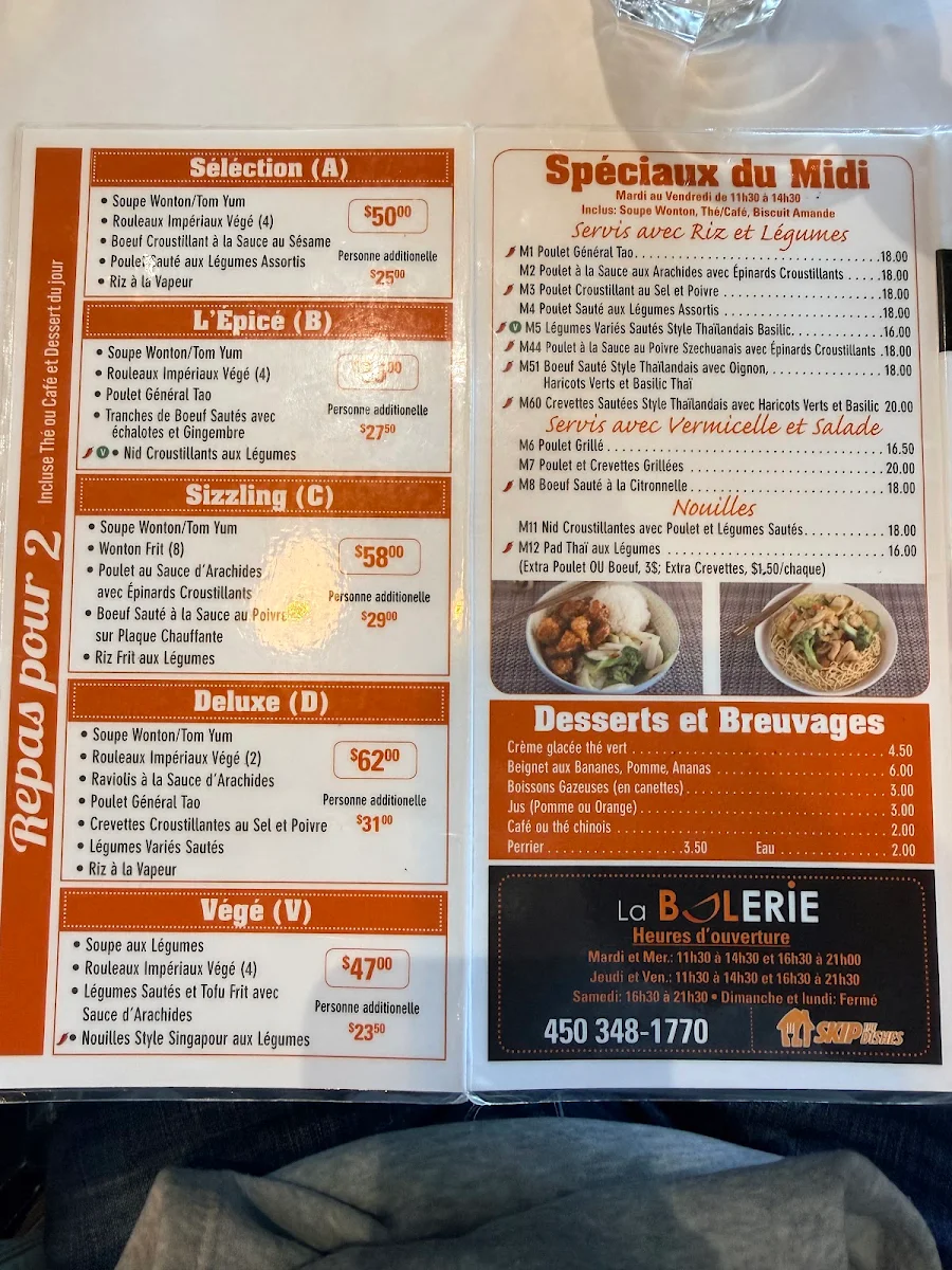 Menu, Restaurant La Bolerie