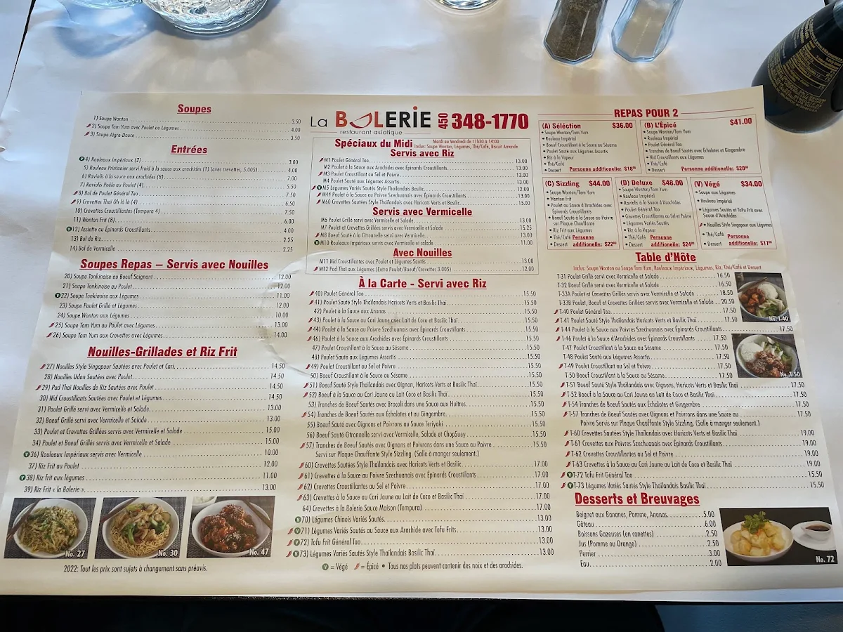 Menu, Restaurant La Bolerie