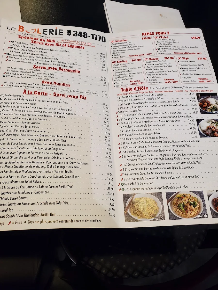 Menu, Restaurant La Bolerie