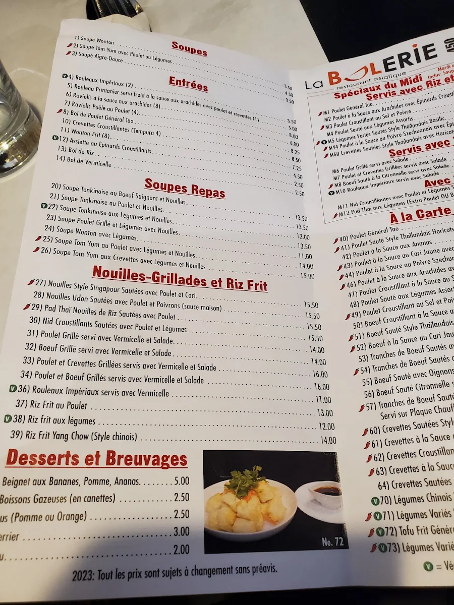 Menu, Restaurant La Bolerie