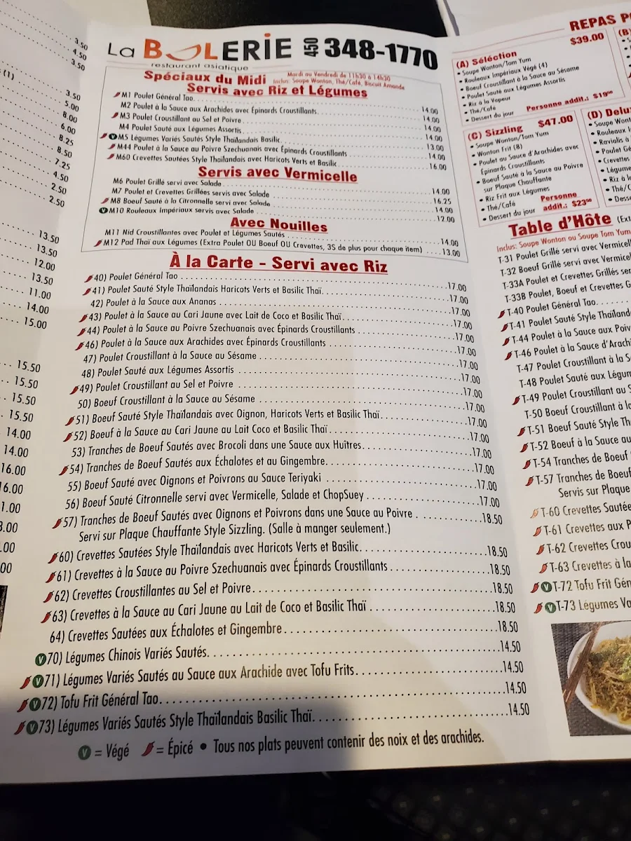 Menu, Restaurant La Bolerie