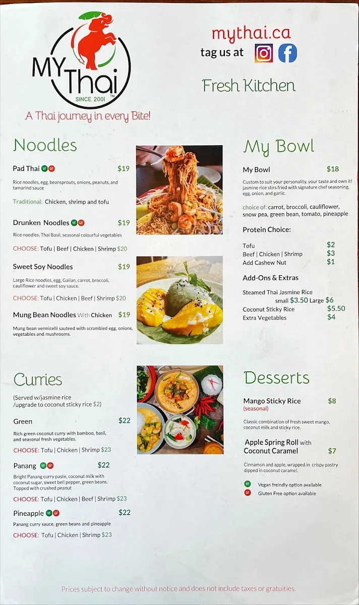 Menu, MY-THAI Paris