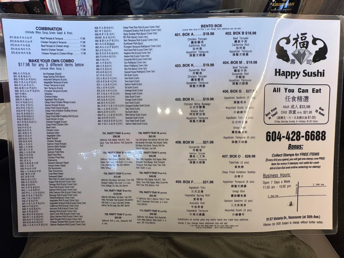 Menu, Happy Sushi
