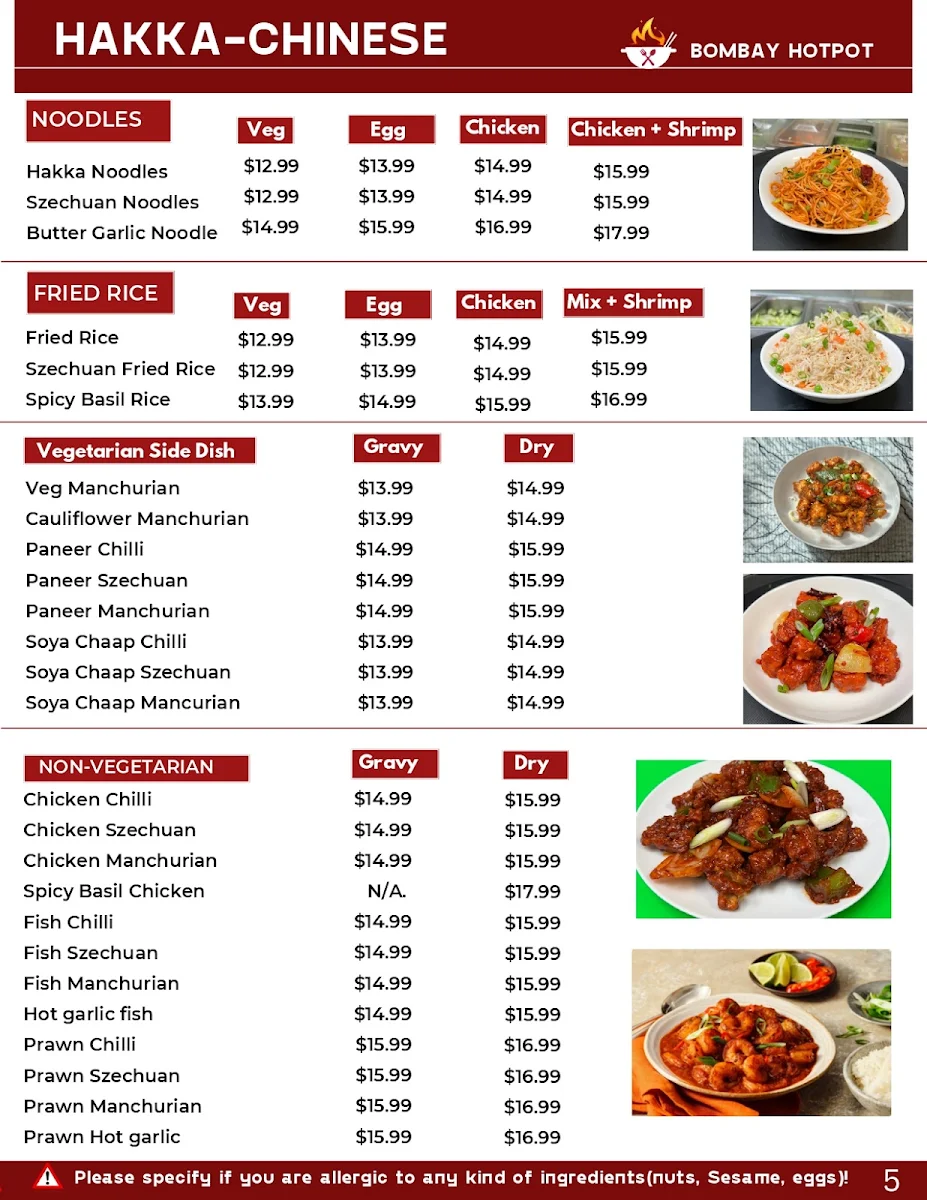 Menu, Bombay Hot Pot
