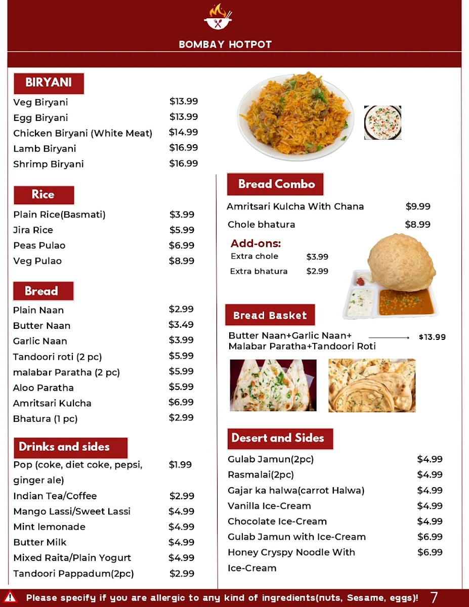 Menu, Bombay Hot Pot