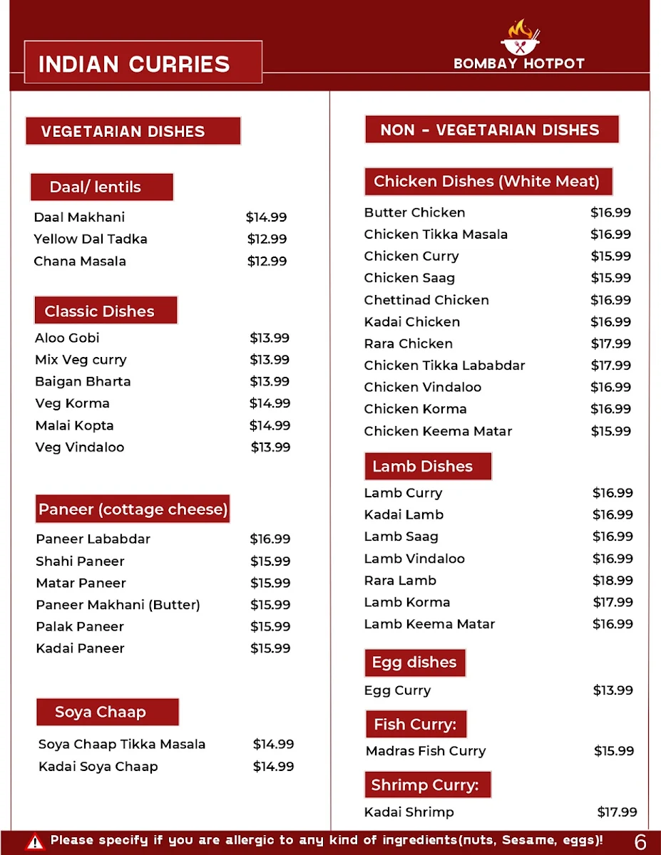 Menu, Bombay Hot Pot