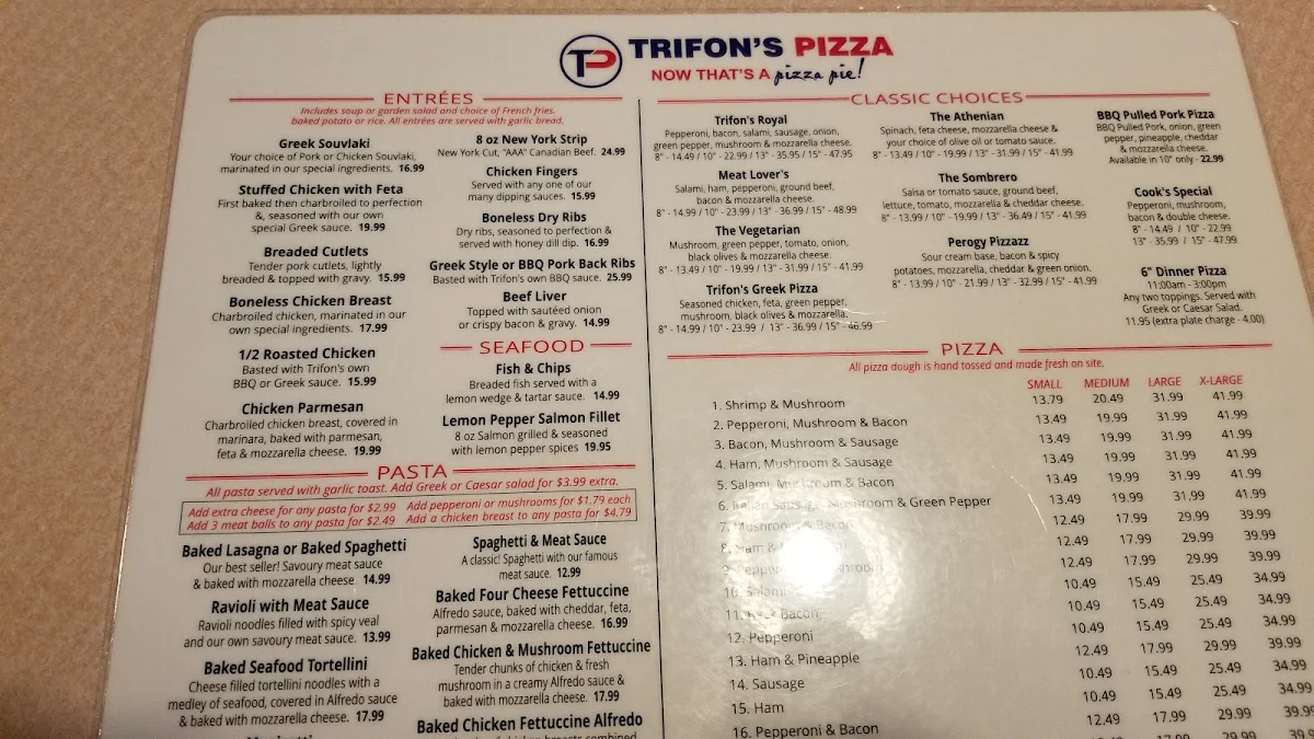 Menu, Trifons Pizza