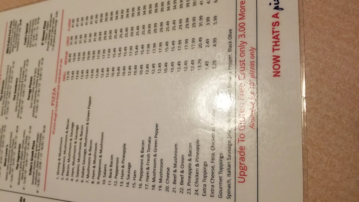 Menu, Trifons Pizza