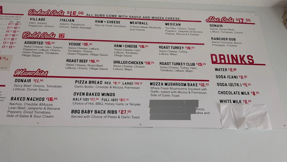 Menu, Tri-Village Pizza