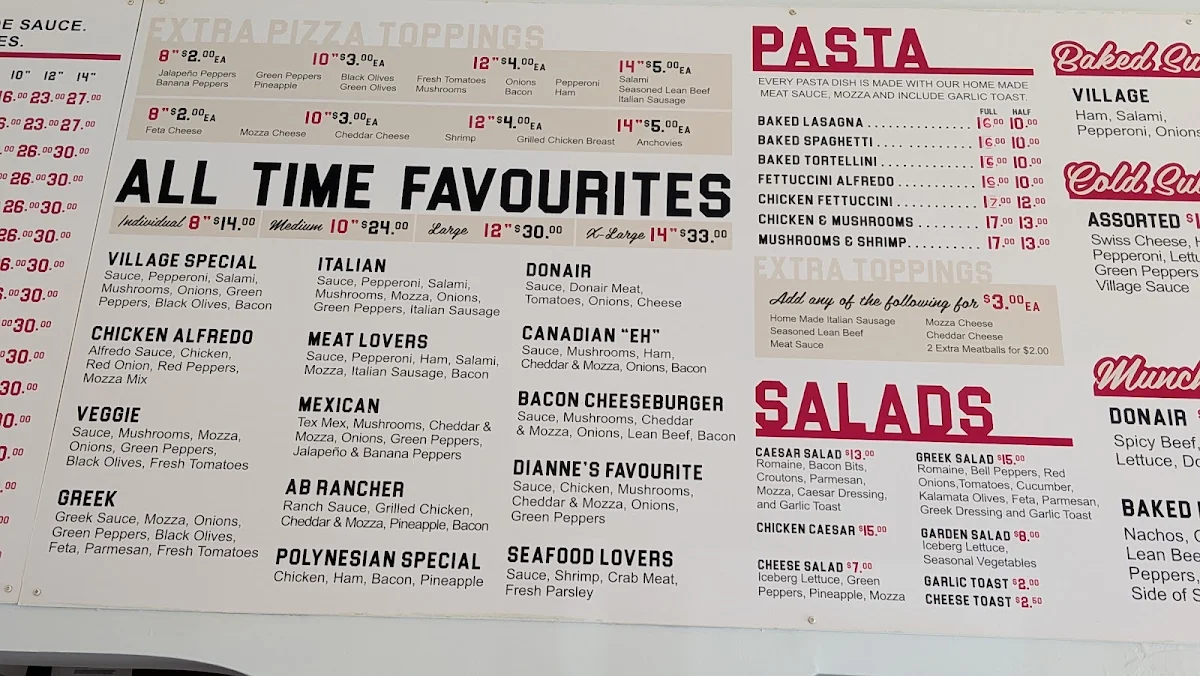 Menu, Tri-Village Pizza