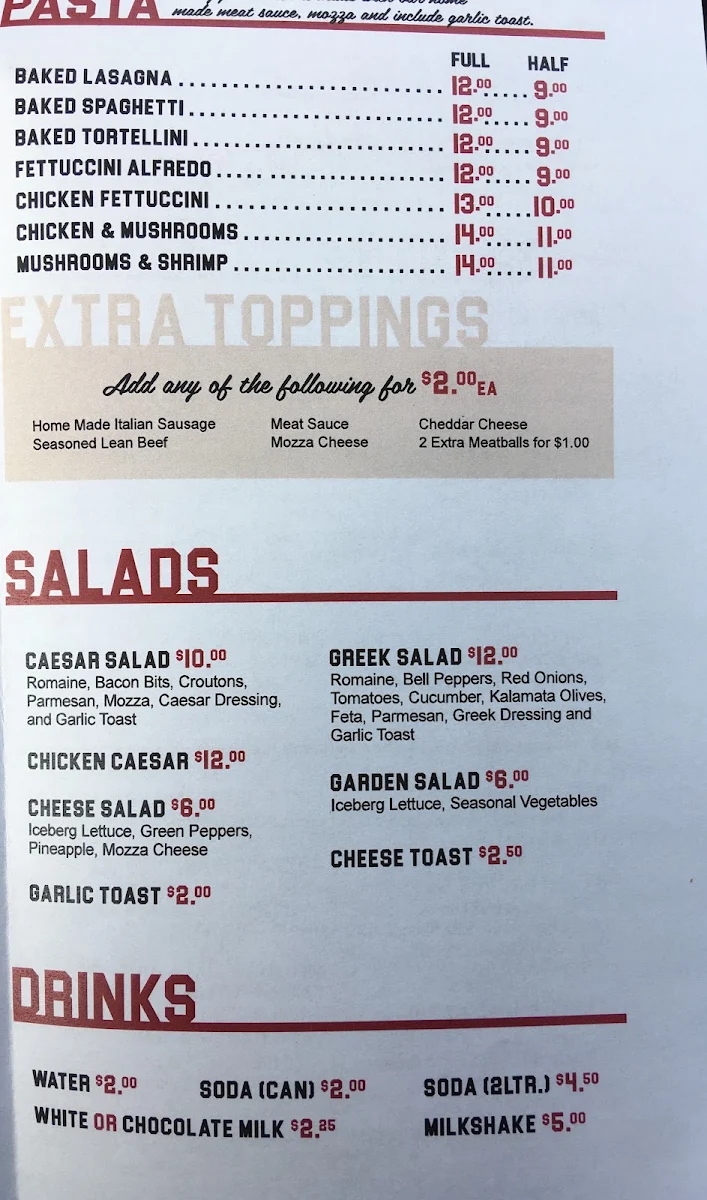 Menu, Tri-Village Pizza