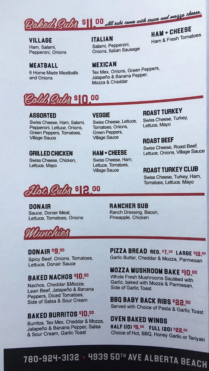 Menu, Tri-Village Pizza