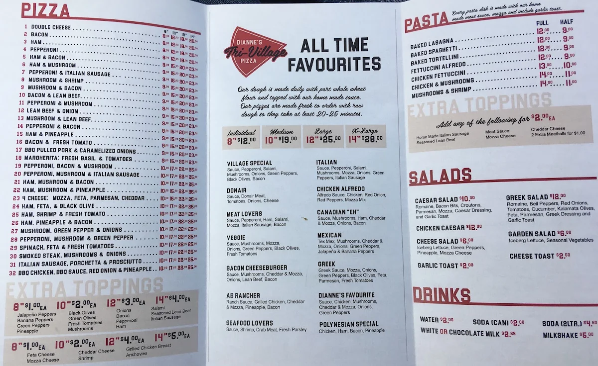 Menu, Tri-Village Pizza