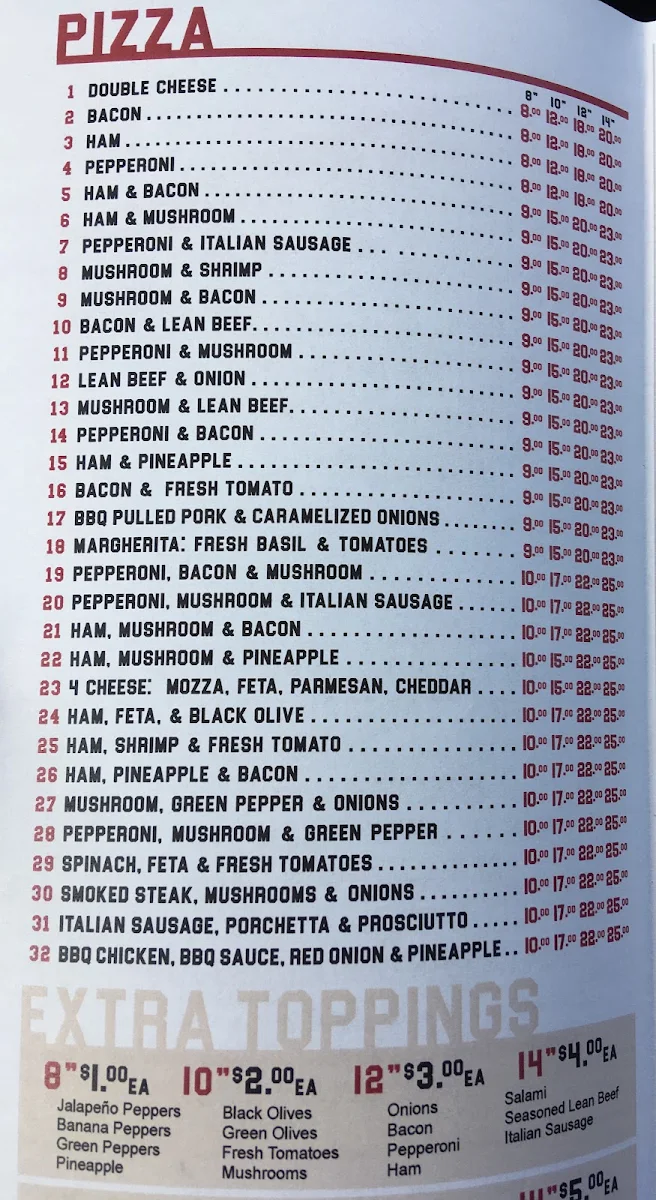 Menu, Tri-Village Pizza