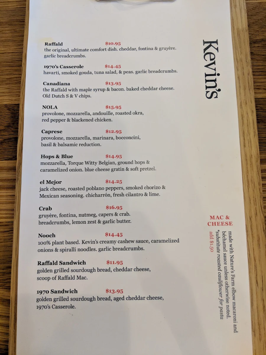 Menu, Kevin's Bistro